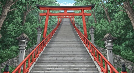 Red torii gate stairs through lush forest
