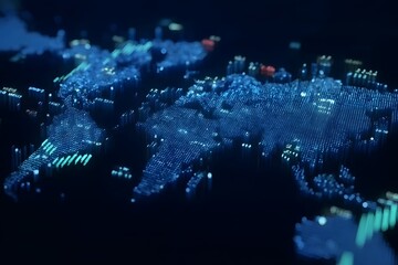 A digital map of the world with stock market charts and graphs glowing in blue, representing the global financial landscape.