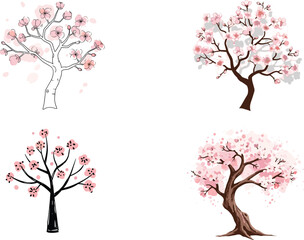 Fototapeta premium Cherry blossom tree vector set, delicate pink flower illustrations, perfect for spring designs, nature art, seasonal cards, floral projects, and decorative backgrounds