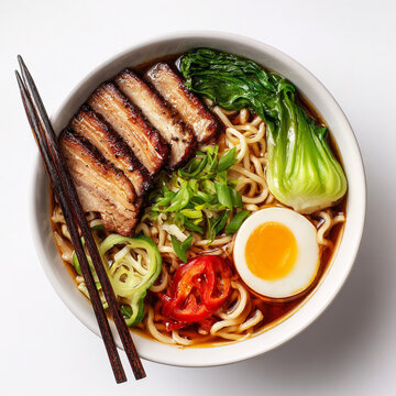 Create a Ramen noodle bowl with chashu against a clean and crisp white background