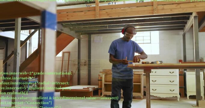 Carpenter marking wood board triggers animated code while measuring cutting drilling for carpentry