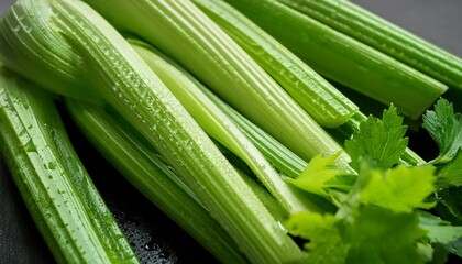 Obraz premium close up of fresh vibrant green celery stalks with water droplets highlighting crisp texture and natural freshness healthy vegetable organic produce farm fresh raw natural vegetarian vegan n