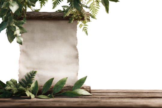 Blank scroll framed by greenery on a wooden surface