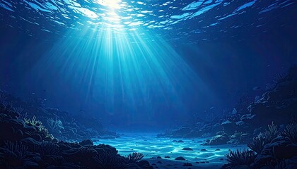 Underwater scene of vibrant blue water, sunlight beams, and coral reef