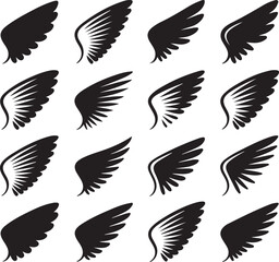 Wings set vector illustration with feathers and decorative design for tattoo or symbol artwork. set of black wings icons, angel or bird wings