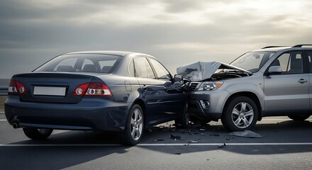 Fototapeta premium Car accident on the road with damage and cloudy sky