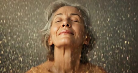 Closing eyes senior woman gold glitter falling over strapless garment against neutral gray backdrop - Powered by Adobe