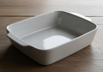 Elegant white ceramic baking dish displaying simplicity and functionality on a warm wooden surface backdrop creating a