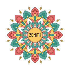 Vibrant circular mandala design with zenith text in the center