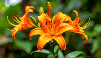 Fototapeta premium Vibrant orange lilies in a garden setting, showcasing delicate petals and a soft bokeh background.