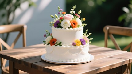 Two-tiered white cake adorned with colorful flowers on a wooden table outdoors
