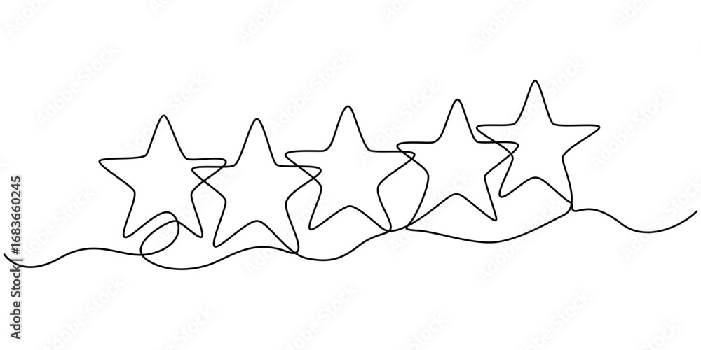 Poster continuous one line drawing of five star rating concept of rating service and customer reviews vecto