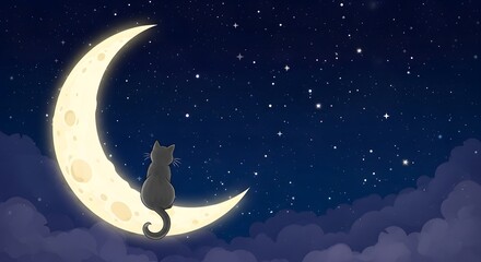 Naklejka premium A gray cat sits contemplatively on a glowing crescent moon surrounded by twinkling stars in a digital illustration with a predominantly dark blue, dreamy aesthetic.