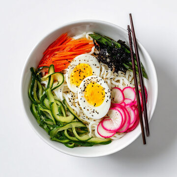 Create a Hiyashi chuka with egg against a clean and crisp white background