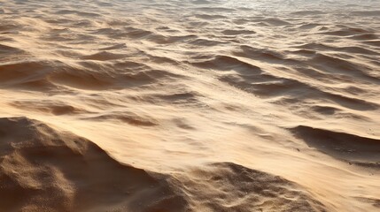 Golden sand dunes ripple under warm sunlight, desert texture background, arid landscape, natural patterns.