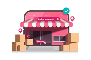 Parcel box or cardboard box placed in front of a shop or store in the shape of a pastel pink smartphone for delivery and online shopping concept advertising design, vector 3d isolated for design