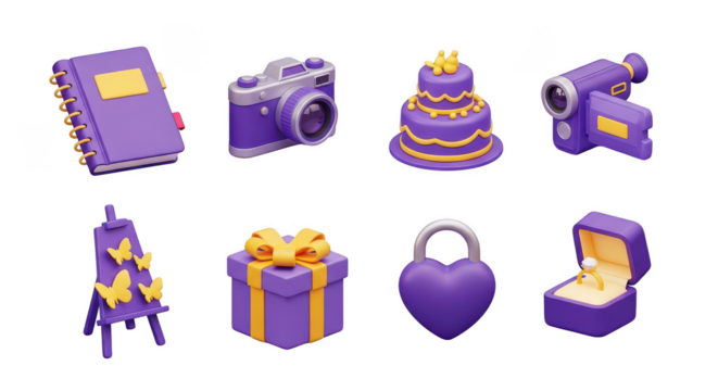 3d purple and yellow objects icons on transparent background