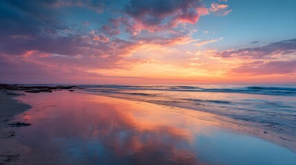 Dramatic coastal sunset over tranquil beach with vibrant pink and orange sky reflections