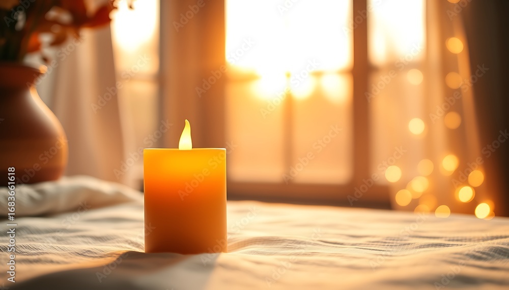 Poster single orange candle with flame illuminated by soft window light and bokeh background glow