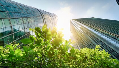 green foliage flourishes in the foreground capturing sunlight that glimmers on glass buildings this fusion of nature and architecture emphasizes the importance of corporate esg reporting