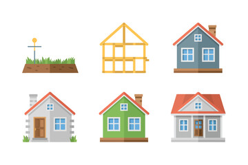 Neighborhood house icons plot vector set, lot garden facade porch chimney window door variations, suburban community design elements