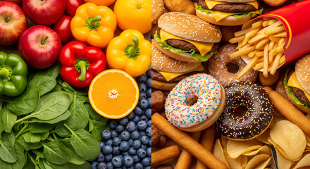 Juxtaposition of healthy fruits and vegetables versus unhealthy fast food and sweets