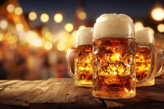 Several frosty mugs of beer catch the warm glow of the setting sun as people gather to celebrate Oktoberfest, embracing the fall atmosphere and lively spirit of the season