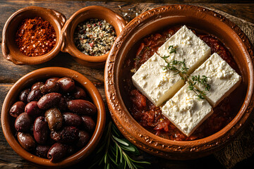 Overhead shot of four pieces of feta cheese in a terracotta bowl, surrounded by smaller bowls of olives, spices, and herbs on a wooden surface.