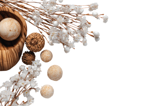 A minimalist arrangement of dried flowers, wooden spheres, and a bowl