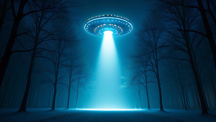 A mysterious ufo hovers in a foggy forest at night, emitting a bright blue beam of light