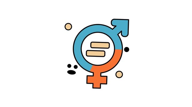 Animated gender equality symbol celebrates parity with male and female signs. Suitable for educational content, presentations, and social equality campaigns.