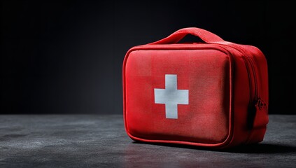 Red medical bag with cross symbol on dark backdrop, 3D illustration of first aid kit for emergency care, health protection, and hospital advertising template