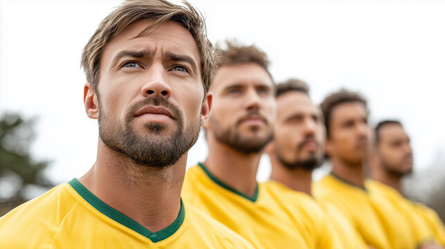 Group of focused Brazilian male soccer players in yellow shirts standing together before a match.