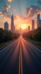 Obraz premium Dramatic Sunset Over City Skyline with Sun Rays Piercing Through Clouds and Leading Road