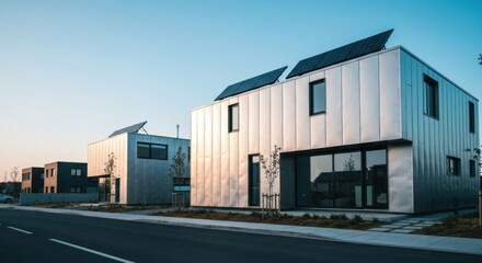 Fototapeta premium Modern, metal-clad homes line a street, solar panels atop