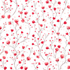 This image shows a seamless floral pattern with delicate red and pink watercolor blossoms and branches scattered across