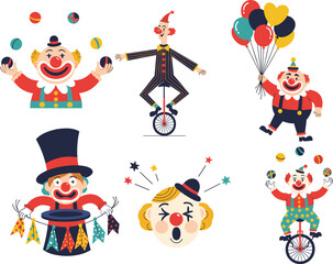 Funny circus clown characters, juggling, riding unicycles, holding balloons, performing magic tricks, colorful costumes, cartoon illustration for entertainment, party, or children’s design