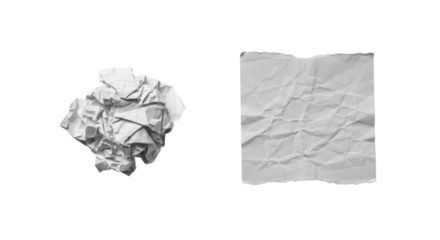 Crumpled textured paper on left, less crumpled on right, on clean studio background with soft overhead lighting, symbolizing business problem-solving and innovation.