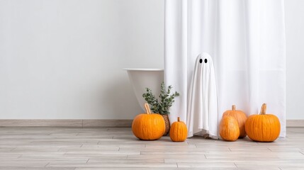 A playful Halloween scene featuring a friendly ghost and pumpkins in a cozy, minimalistic room.