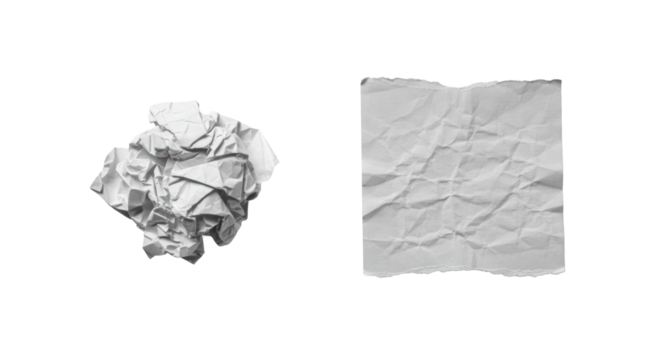 Crumpled textured paper on left, less crumpled on right, on clean studio background with soft overhead lighting, symbolizing business problem-solving and innovation.