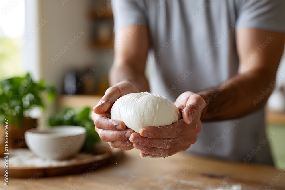 Poster crafting fresh mozzarella in a rustic kitchen setting generative ai