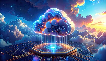 Cloud computing concept, glowing cloud over circuit base