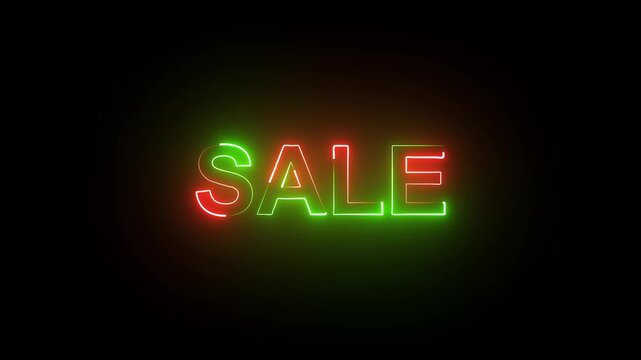 Glowing neon sale text animation on black background.