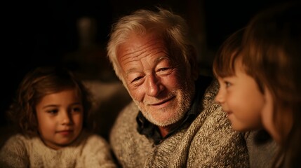 Happy grandfather sharing a warm moment with his smiling grandchildren illuminated by soft cozy light during an evening family gathering