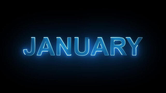 Neon January text animation on black background. january month neon line text concept.first month of year.