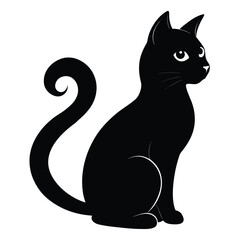 Stylized illustration of a sleek black cat sitting gracefully with a curled tail, looking to the right on a white background.