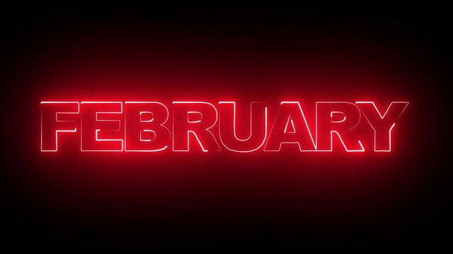 Abstract glowing text month February light neon black background. Word February neon glowing.