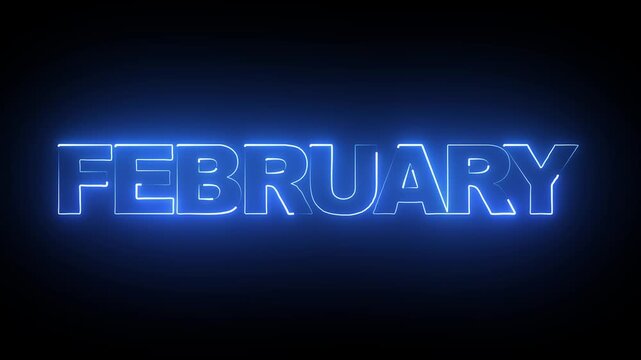 Abstract glowing text month February light neon black background. Word February neon glowing.