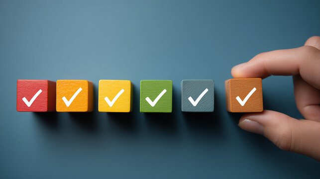 hand places colorful wooden block with checkmark, completing row of similar blocks. It symbolizes task completion, goal achievement, or project success. sense of accomplishment and progress.	