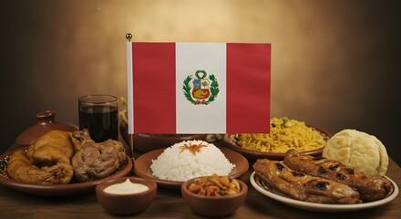 A culinary journey through Peruvian flavors, showcasing a delightful array of traditional dishes, alongside the flag of Peru